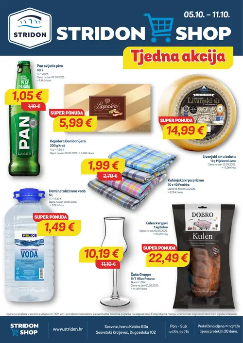 Stridon katalog — stranica 1: Frotirka Kuhinjska krpa, DOBRO Kulen krkaviji, Pan svijetlo pivo, Penava Čaša Grappa (vrijedi 05.10.–11.10.2026.)