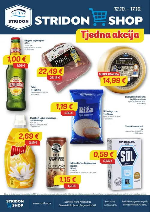 Stridon katalog — stranica 1: Beohemija Duel Soft Lotus omekšivač, Riopak Riža dugo zrno, Hell Ice Coffee Cappuccino, Tuzla Kamena sol (vrijedi 12.10.–17.10.2026.)