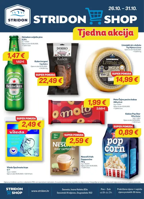 Stridon katalog — stranica 1: Kraš Moto Čajno pecivo kakao 288 g Kraš, Heineken svijetlo pivo 0,33 L, Vileda Spužvasta krpa, Nescafe Nescafé Irish Cappuccino 112 g (vrijedi 26.10.–31.10.2026.)