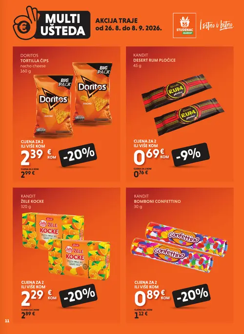 Studenac katalog — stranica 11: Kandit Kandit Žele kocke, Kandit Kandit Bonboni Confettino, Doritos Doritos Tortilla čips nacho cheese, Kandit Kandit Desert Rum pločice (vrijedi 26. 08. 2026.–08. 09. 2026.)