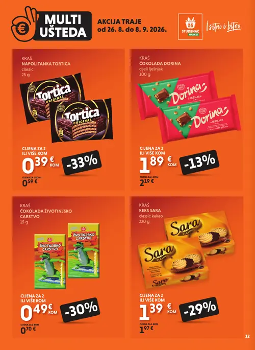 Studenac katalog — stranica 12: Kraš Kraš Napolitanka tortica classic, Kraš Kraš Čokolada životinjsko carstvo, Kraš Kraš Keks Sara classic kakao, Kraš Kraš Čokolada Dorina cijeli lješnjak (vrijedi 26. 08. 2026.–08. 09. 2026.)