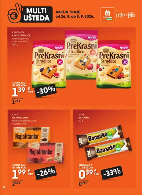 Studenac katalog — stranica 13: Kraš KRAŠ BANANKO, Kraš PREKRAŠNI Keks študlice s punjenjem od jabuke, Kraš PREKRAŠNI Keks študlice s punjenjem od smokve, Kraš PREKRAŠNI Keks študlice smokva, jabuka, miješano voće (vrijedi 26. 08. 2026.–08. 09. 2026.)