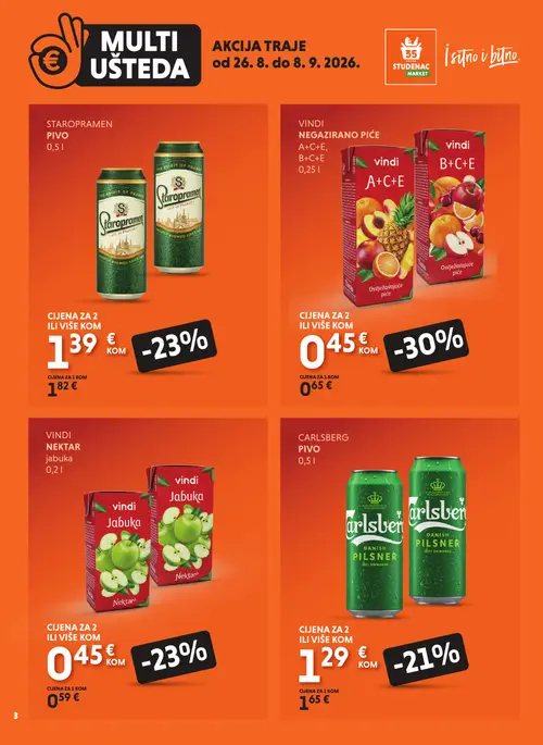 Studenac katalog — stranica 3: Vindi VINDI NEGAZIRANO PIĆE A+C+E, B+C+E, Vindi VINDI NEKTAR jabuka, STAROPRAMEN PIVO, Carlsberg CARLSBERG PIVO (vrijedi 26. 08. 2026.–08. 09. 2026.)