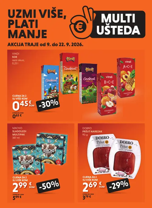Studenac katalog — stranica 1: Macho Sladoledi Multipak Stracciatella, Vindi Cocktail naranča i jabuka, Dobro Pršut narezak, Vindi B+C+E (vrijedi 09. 09. 2026.–22. 09. 2026.)