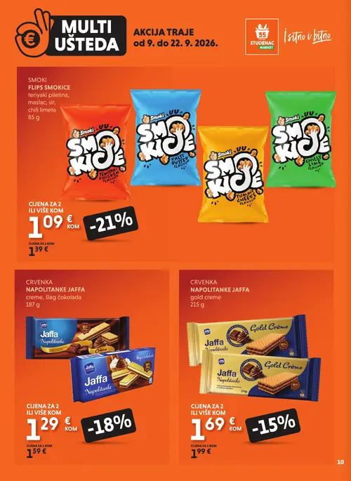 Studenac katalog — stranica 10: Smoki Flips Smokice teriyaki piletina, maslac, sir, chili limeta, Jaffa Crvenka Napolitanke Jaffa creme, šlag čokolada, Jaffa Crvenka Napolitanke Jaffa gold creme, Smoki Yummy Cheese Flavour (vrijedi 09. 09. 2026.–22. 09. 2026.)