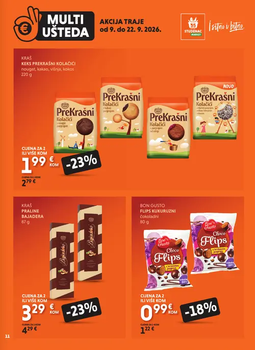 Studenac katalog — stranica 11: KRAŠ Prekrasni kolačići s punjenjem od višnje, KRAŠ Keks Prekrasni kolačići nougat, kakao, višnja, kokos, KRAŠ Prekrasni kolačići s kakao punjenjem, KRAŠ Prekrasni kolačići s mlječnim punjenjem preliveni čokoladom i kokosom (vrijedi 09. 09. 2026.–22. 09. 2026.)