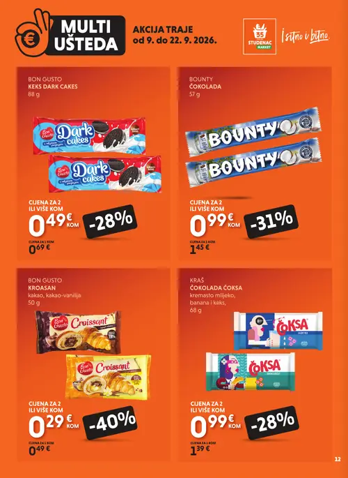 Studenac katalog — stranica 12: BON GUSTO KROASAN kakao, kakao-vanilija, BOUNTY ČOKOLADA, BON GUSTO KEKS DARK CAKES, KRAŠ ČOKOLADA ČOKSA kremasto mlijeko, banana i keks (vrijedi 09. 09. 2026.–22. 09. 2026.)