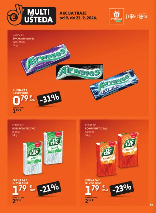 Studenac katalog — stranica 14: WRIGLEY ŽVAKE AIRWAVES razni okusi, FERRERO BOMBONI TIC TAC naranča, FERRERO BOMBONI TIC TAC menta (vrijedi 09. 09. 2026.–22. 09. 2026.)
