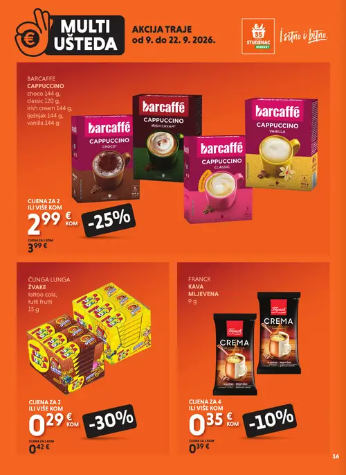 Studenac katalog — stranica 16: ČUNGA LUNGA ŽVAKE tattoo cola, tutti frutti, BARCAFFE CAPPUCCINO classic, BARCAFFE CAPPUCCINO vanilla, BARCAFFE CAPPUCCINO choco (vrijedi 09. 09. 2026.–22. 09. 2026.)