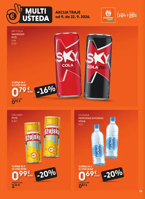 Studenac katalog — stranica 18: OŽUJSKO PIVO, STUDENA PRIRODNA IZVORSKA VODA, SKY COLAZERO, SKY COLA GAZIRANO PIĆE (vrijedi 09. 09. 2026.–22. 09. 2026.)