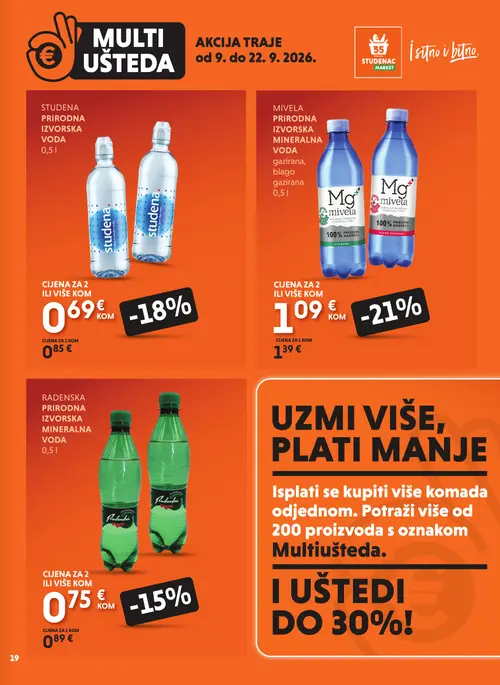 Studenac katalog — stranica 19: Mivela prirodna izvorska mineralna voda gazirana, blago gazirana 0,5 l, Studena prirodna izvorska voda 0,5 l, Radenska prirodna izvorska mineralna voda 0,5 l (vrijedi 09. 09. 2026.–22. 09. 2026.)