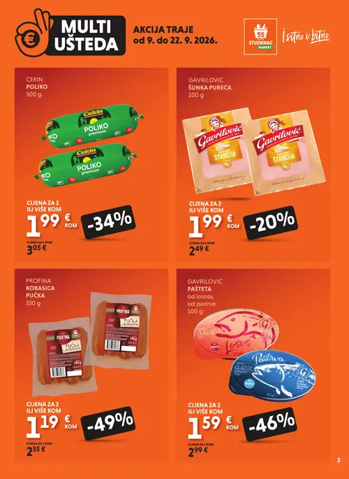 Studenac katalog — stranica 2: PROFINA KOBASICA PUČKA 350 g, GAVRILOVIĆ PAŠTETA od lososa, od pastrve 100 g, CEKIN POLIKO 500 g, CEKIN POLIKO 500 g (vrijedi 09. 09. 2026.–22. 09. 2026.)