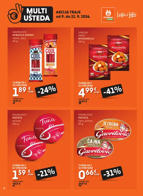 Studenac katalog — stranica 3: VINDRIJA SIREVI MOZZARELLA, GAVRILOVIĆ PAŠTETA čajna, jetrena, GAVRILOVIĆ KOBAŠICA MINIKO classic, spicy, GAVRILOVIĆ PAŠTETA od tune (vrijedi 09. 09. 2026.–22. 09. 2026.)