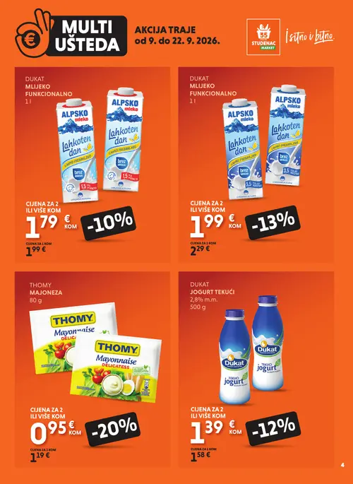Studenac katalog — stranica 4: Thomy majoneza, Dukat Alpsko mlijeko, Dukat tekući jogurt, Dukat Alpsko mlijeko (vrijedi 09. 09. 2026.–22. 09. 2026.)