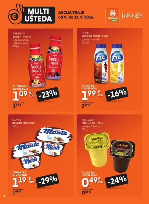 Studenac katalog — stranica 5: Monte Deserti mliječni, Z'bregov Puding mliječni čokolada, Z'bregov Puding mliječni vanilija, Z'bregov Tekući voćni jogurt malina kupina (vrijedi 09. 09. 2026.–22. 09. 2026.)