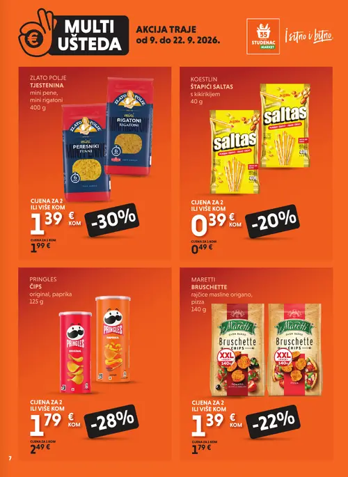 Studenac katalog — stranica 7: ZLAT POLJE TJESTENINA mini pene, mini rigatoni, ZLAT POLJE TJESTENINA mini rigatoni, PRINGLES ČIPS paprika, PRINGLES ČIPS original, paprika (vrijedi 09. 09. 2026.–22. 09. 2026.)
