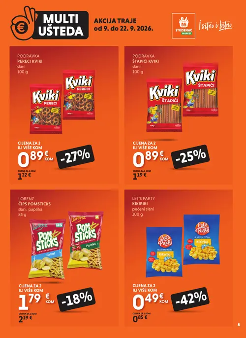 Studenac katalog — stranica 8: Let's Party Kikiriki pečeni slani, Podravka Pereci Kviki slani, Podravka Štapići Kviki slani, Lorenz Čips Pomsticks slani, paprika (vrijedi 09. 09. 2026.–22. 09. 2026.)