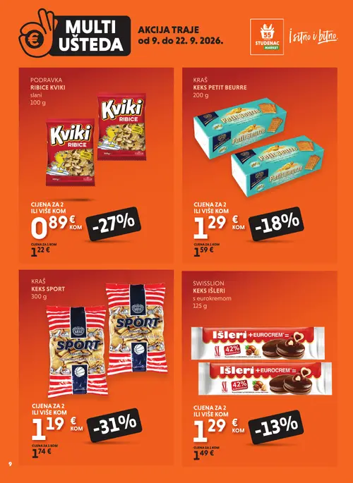 Studenac katalog — stranica 9: KRAŠ KEKS SPORT, PODRAVKA RIBICE KVIKI slani, KRAŠ KEKS PETIT BEURRE, SWISSLION KEKS IŠLERI s eurokremom (vrijedi 09. 09. 2026.–22. 09. 2026.)