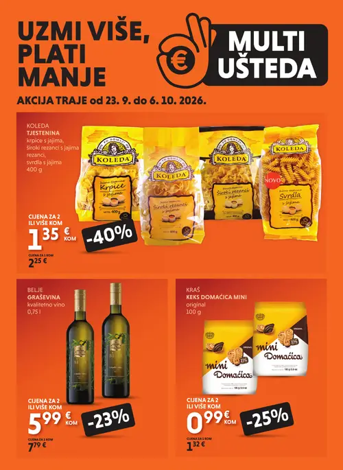 Studenac katalog — stranica 1: KOLEDA Tjestenina Krpice s jajima, KOLEDA Tjestenina Široki rezanci s jajima, KOLEDA Tjestenina Svrdla s jajima, KRAŠ Keks Domaćica Mini Original (vrijedi 23. 09. 2026.–06. 10. 2026.)
