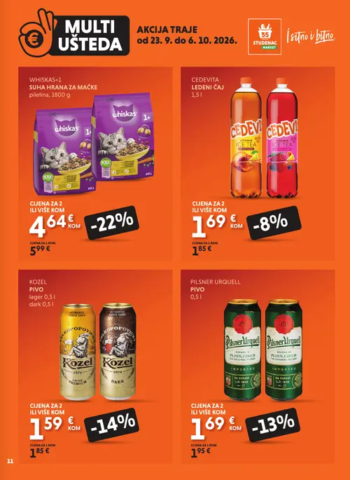 Studenac katalog — stranica 11: WHISKAS WHISKAS+1 SUHA HRANA ZA MAČKE piletina, CEDEVITA LEDENI ČAJ, KOZEL PIVO lager, KOZEL PIVO dark (vrijedi 23. 09. 2026.–06. 10. 2026.)