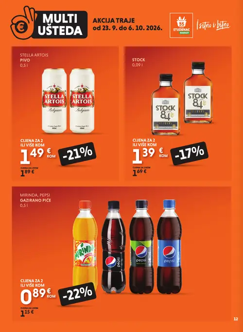 Studenac katalog — stranica 12: MIRINDA, PEPSI GAZIRANO PIĆE, STELLA ARTOIS PIVO, STOCK 84 RISERVA (vrijedi 23. 09. 2026.–06. 10. 2026.)