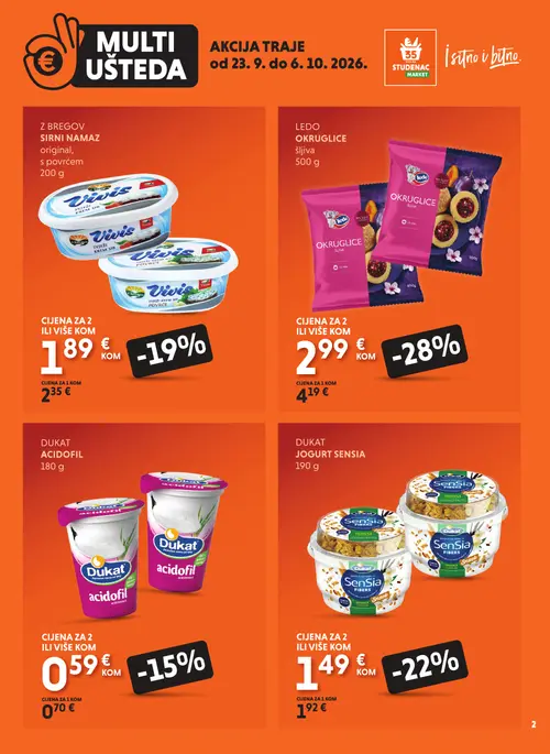 Studenac katalog — stranica 2: Ledo Ledokrug vice šljiva, Dukat jogurt sensia, Z bregov sirni namaz original s povrćem, Dukat acidofil (vrijedi 23. 09. 2026.–06. 10. 2026.)