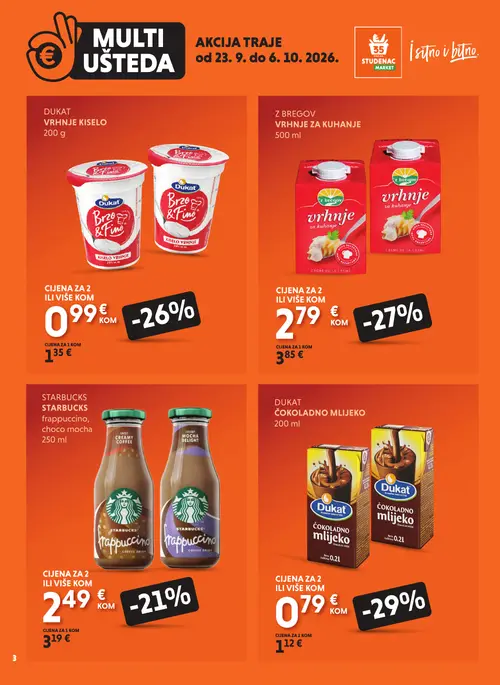 Studenac katalog — stranica 3: Dukat Čokoladno mlijeko, Z bregov Vrhnje za kuhanje, Dukat Vrhnje kiselo, Starbucks Frappuccino, choco mocha (vrijedi 23. 09. 2026.–06. 10. 2026.)