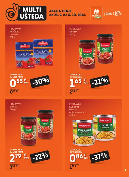 Studenac katalog — stranica 4: Podravka Kukuruz šećerac ocijeđena masa 140 g, Podravka Rajčica pasirana 200 g, Podravka Duveđ 690 g, Podravka Duveđ 340 g (vrijedi 23. 09. 2026.–06. 10. 2026.)