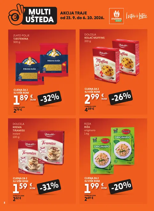 Studenac katalog — stranica 5: ZLATOPOLJE TJESTENINA, DOLCELA KREMA TIRAMISU instant, DOLCELA KOLAČ MUFFINS, RIZZA RIŽA originario (vrijedi 23. 09. 2026.–06. 10. 2026.)