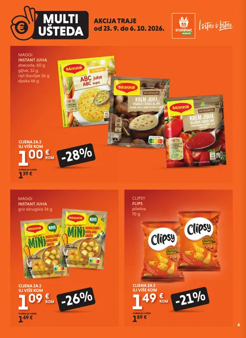 Studenac katalog — stranica 6: Maggi INSTANT JUHA abeceda, Maggi INSTANT JUHA gljive, Maggi INSTANT JUHA rajčica i bosiljak, Maggi INSTANT JUHA MINI okruglice/knedlama/cmocki (vrijedi 23. 09. 2026.–06. 10. 2026.)