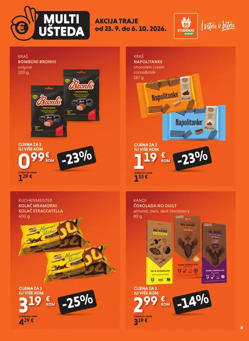 Studenac katalog — stranica 8: Kuchenmeister Kolač Mramorni Kolač Stracciatella, Kraš Bomboni Bronhi original, Kraš Napolitanke chocolate cream cocoa & milk, Kandi Čokolada No Guilt almond, dark, dark blackberry (vrijedi 23. 09. 2026.–06. 10. 2026.)