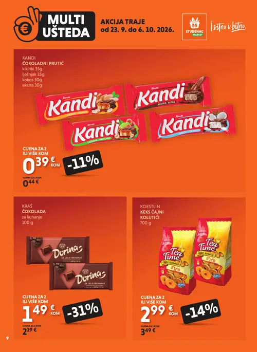 Studenac katalog — stranica 9: Dorina čokolada za kuhanje, Koestlin keks čajni kolutići, Kandit Čokoladni prutići (vrijedi 23. 09. 2026.–06. 10. 2026.)