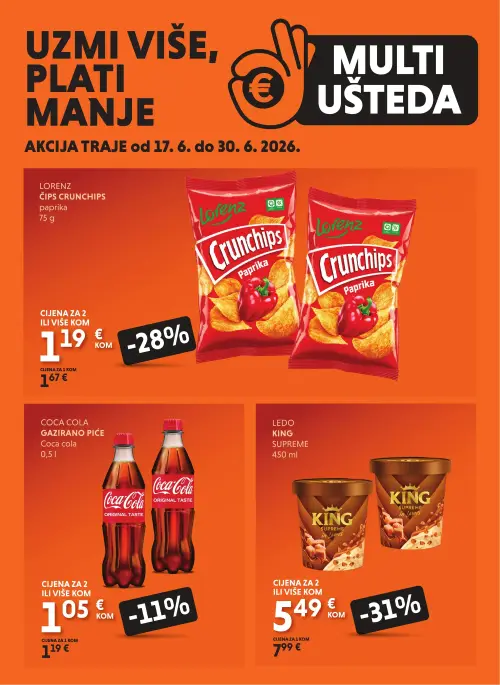 Studenac katalog — stranica 1: Ledo King Supreme sladoled, Lorenz Čips Crunchchips paprika, Coca Cola Coca Cola gazirano piće (vrijedi 17. 06. 2026.–30. 06. 2026.)