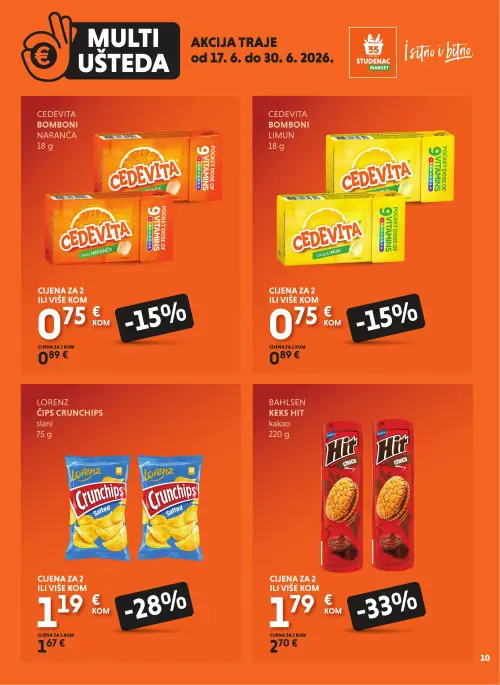 Studenac katalog — stranica 10: Bahlsen Keks Hit kakao, Lorenz Čips Crunchchips slani, Cedevita Cedevita bomboni limun, Cedevita Cedevita bomboni naranča (vrijedi 17. 06. 2026.–30. 06. 2026.)