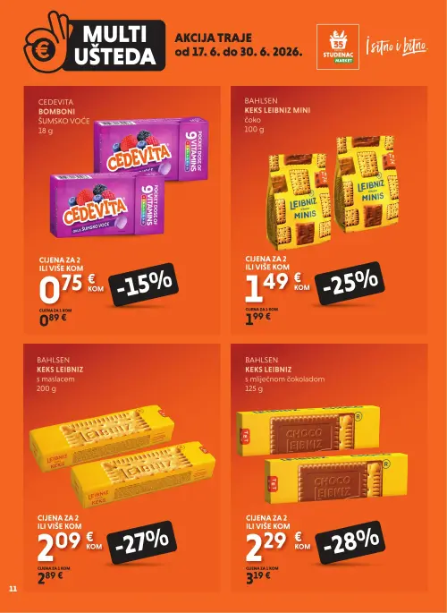 Studenac katalog — stranica 11: Bahlsen Keks Leibniz s mliječnom čokoladom, Bahlsen Keks Leibniz s maslacem, Bahlsen Keks Leibniz Mini čoko, Cedevita Cedevita bomboni šumsko voće (vrijedi 17. 06. 2026.–30. 06. 2026.)