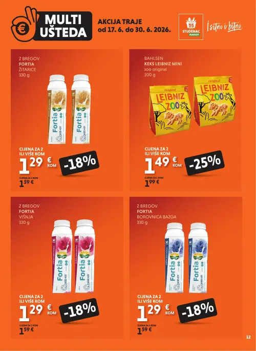 Studenac katalog — stranica 12: Bahlsen Keks Leibniz Mini Zoo original, Z bregov Fortia borovnica bazga, Z bregov Fortia žitarice, Z bregov Fortia višnja (vrijedi 17. 06. 2026.–30. 06. 2026.)