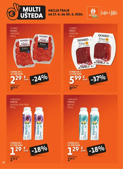 Studenac katalog — stranica 13: Z bregov Fortia jogurt natur, Z bregov Fortia jogurt jagoda crni ribiz, Dobro Pršut narezak, Dobro Kulen narezak (vrijedi 17. 06. 2026.–30. 06. 2026.)