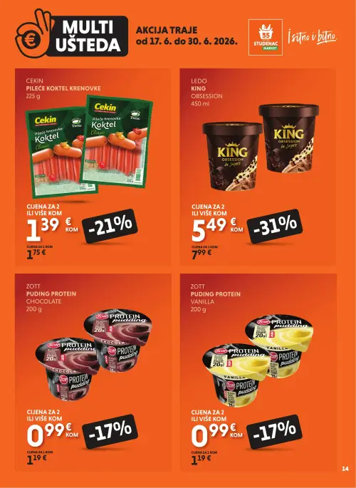 Studenac katalog — stranica 14: Zott Puding Protein Vanilla, Zott Puding Protein Chocolate, Ledo King Obsession, Cekin Pileće koktel hrenovke (vrijedi 17. 06. 2026.–30. 06. 2026.)