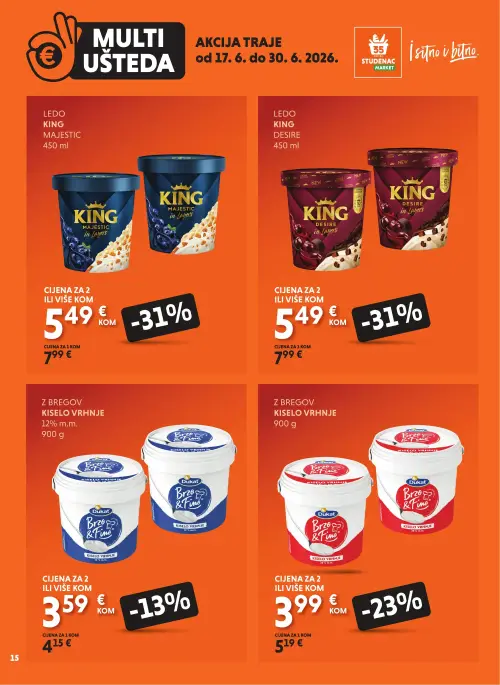 Studenac katalog — stranica 15: Ledo King Majestic, Ledo King Desire, Z bregov Kiselo vrhnje 20% m.m., Z bregov Kiselo vrhnje 12% m.m. (vrijedi 17. 06. 2026.–30. 06. 2026.)