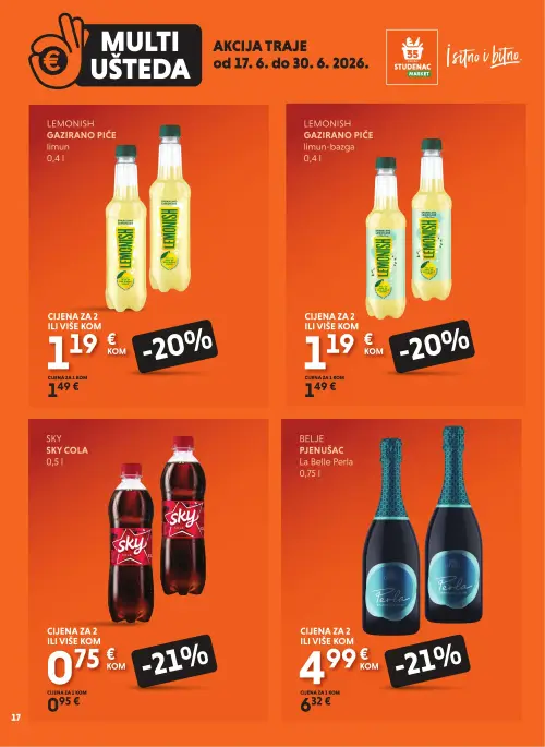 Studenac katalog — stranica 17: SKY SKY COLA, BELJE BELJE PJENUŠAC La Belle Perla, LEMONISH LEMONISH GAZIRANO PIĆE limun-bazga, LEMONISH LEMONISH GAZIRANO PIĆE limun (vrijedi 17. 06. 2026.–30. 06. 2026.)