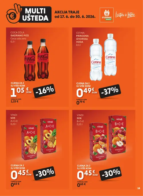 Studenac katalog — stranica 18: Cetina Cetina prirodna izvorska voda, Vindi Vindi sok B+C+E, Vindi Vindi sok A+C+E, Coca Cola Coca cola zero gazirano piće (vrijedi 17. 06. 2026.–30. 06. 2026.)