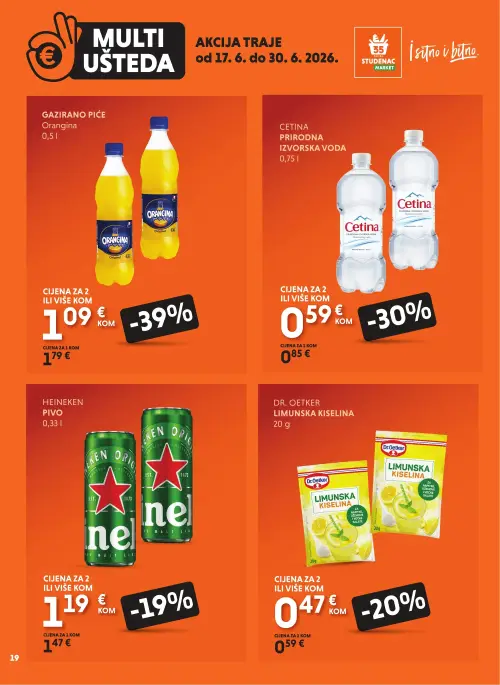 Studenac katalog — stranica 19: Orangina Gazirano piće Orangina, Cetina Prirodna izvorska voda, Dr. Oetker Limunska kiselina, Heineken Pivo (vrijedi 17. 06. 2026.–30. 06. 2026.)