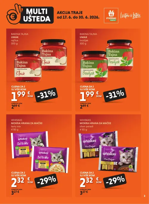 Studenac katalog — stranica 2: Whiskas Mokra hrana za mačke izbor peradi, Whiskas Mokra hrana za mačke tasty mix, Bakina tajna Umak bosiljak, Bakina tajna Umak rajčice Klasik (vrijedi 17. 06. 2026.–30. 06. 2026.)