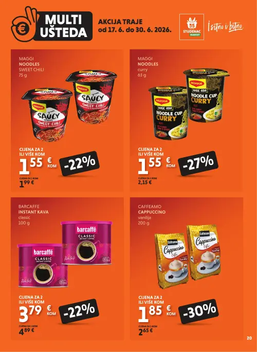 Studenac katalog — stranica 20: Caffeamo Cappuccino vanilija, Maggi Noodle Cup Curry, Barcaffe Instant kava Classic, Maggi Saucy Noodles Sweet Chili (vrijedi 17. 06. 2026.–30. 06. 2026.)
