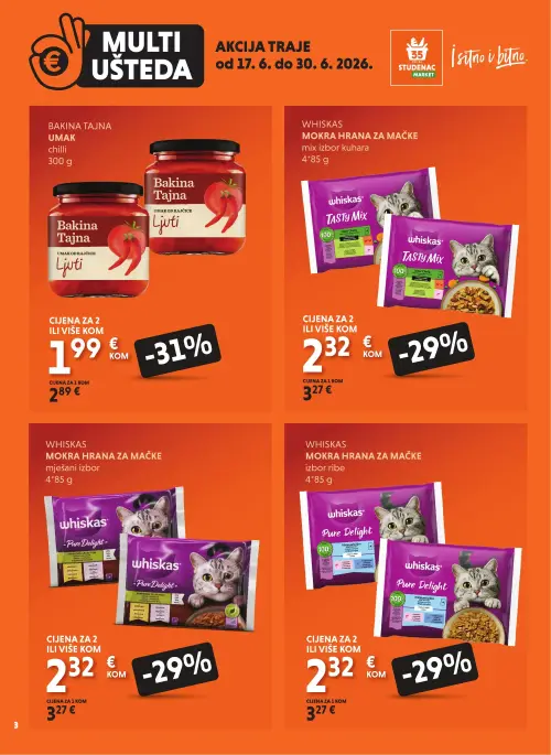 Studenac katalog — stranica 3: Bakina tajna Umak chilli, Whiskas Mokra hrana za mačke Pure Delight izbor ribe, Whiskas Mokra hrana za mačke Tasty Mix izbor kuhara, Whiskas Mokra hrana za mačke Pure Delight mješani izbor (vrijedi 17. 06. 2026.–30. 06. 2026.)
