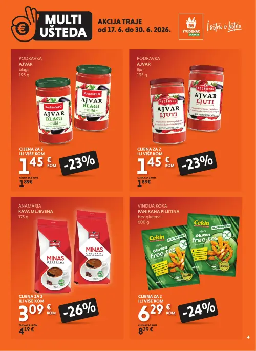 Studenac katalog — stranica 4: Cekin Panirana piletina bez glutena, Anamaria Kava mljevena Minas, Podravka Ajvar blagi, Podravka Ajvar ljuti (vrijedi 17. 06. 2026.–30. 06. 2026.)