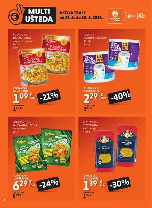 Studenac katalog — stranica 5: Violeta Papirnati ručnik All in 1, Zlato polje Tjestenina mini penne, Cekin Panirana piletina bez glutena, Podravka Instant juha pileća s ribanom kašom (vrijedi 17. 06. 2026.–30. 06. 2026.)