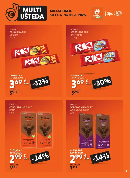 Studenac katalog — stranica 8: Kandi Čokolada Riki s rižom, Kandi Čokolada Riki popcorn, Kandi Čokolada No Guilt Dark, Kandi Čokolada No Guilt Dark Blackberry (vrijedi 17. 06. 2026.–30. 06. 2026.)
