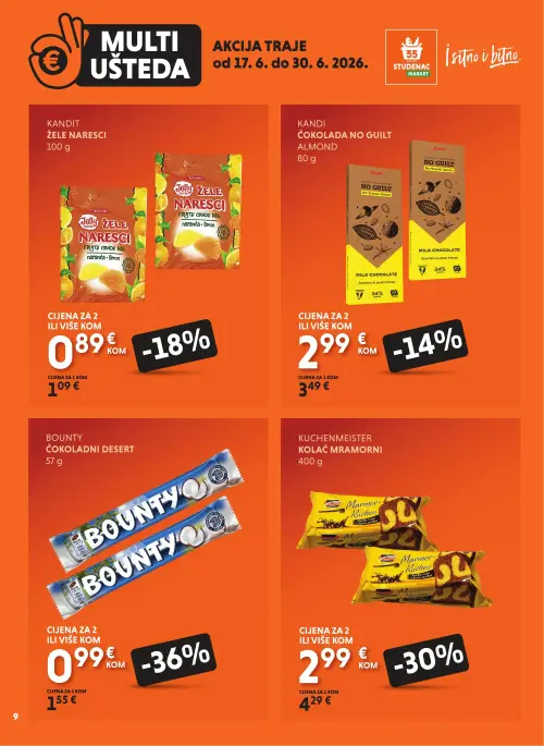 Studenac katalog — stranica 9: Bounty Čokoladni desert, Kuchenmeister Kolač mramorni, Kandit Žele naresci Fruity candy mix, Kandit Čokolada No Guilt Almond (vrijedi 17. 06. 2026.–30. 06. 2026.)
