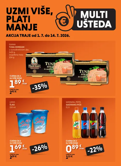 Studenac katalog — stranica 1: GIANA TUNA ODREZAK u suncokretovom ulju, KAISER FRANZ JOSEF TUNA STEAK in sunflower oil, LEDO ŠLAG, GAZIRANO PIĆE (vrijedi 01. 07. 2026.–14. 07. 2026.)